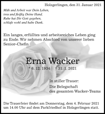 Traueranzeige von Erna Wacker von Kreiszeitung Böblinger Bote