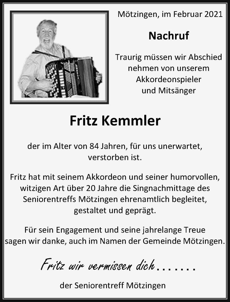  Traueranzeige für Fritz Kemmler vom 11.02.2021 aus Kreiszeitung Böblinger Bote