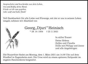 Traueranzeige von Georg Heinisch von Kreiszeitung Böblinger Bote