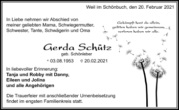 Traueranzeige von Gerda Schütz von Kreiszeitung Böblinger Bote