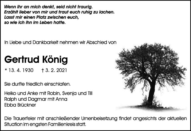  Traueranzeige für Gertrud König vom 13.02.2021 aus Kreiszeitung Böblinger Bote