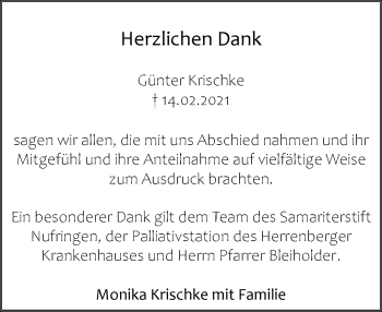 Traueranzeige von Günter Krischke von Kreiszeitung Böblinger Bote