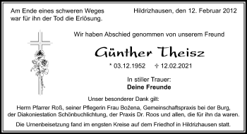 Traueranzeige von Günther Theisz von Kreiszeitung Böblinger Bote