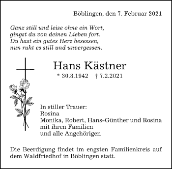 Traueranzeige von Hans Kästner von Kreiszeitung Böblinger Bote