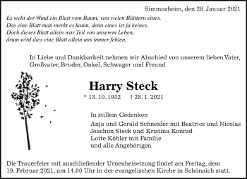 Traueranzeige von Harry Steck von Kreiszeitung Böblinger Bote