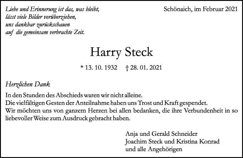  Traueranzeige für Harry Steck vom 25.02.2021 aus Kreiszeitung Böblinger Bote