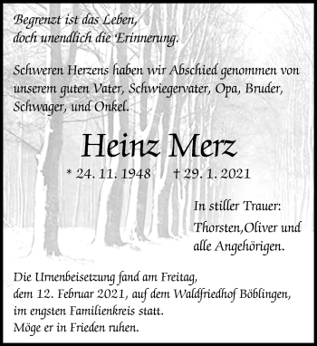 Traueranzeige von Heinz Merz von Kreiszeitung Böblinger Bote