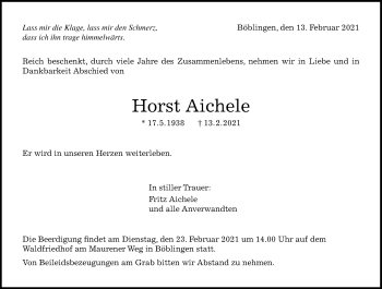 Traueranzeige von Horst Aichele von Kreiszeitung Böblinger Bote