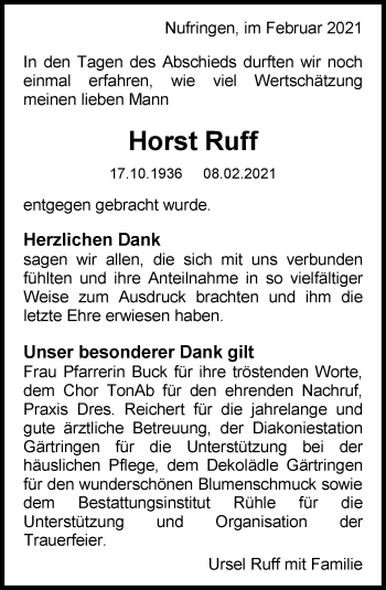 Traueranzeige von Horst Ruff von Kreiszeitung Böblinger Bote