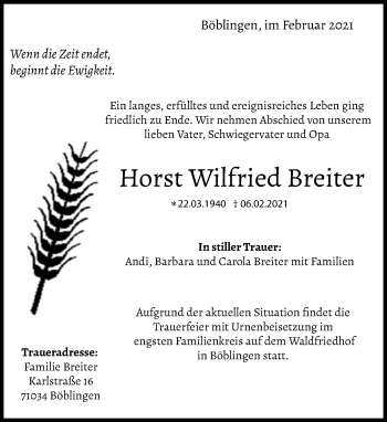 Traueranzeige von Horst Wilfried Breiter von Kreiszeitung Böblinger Bote
