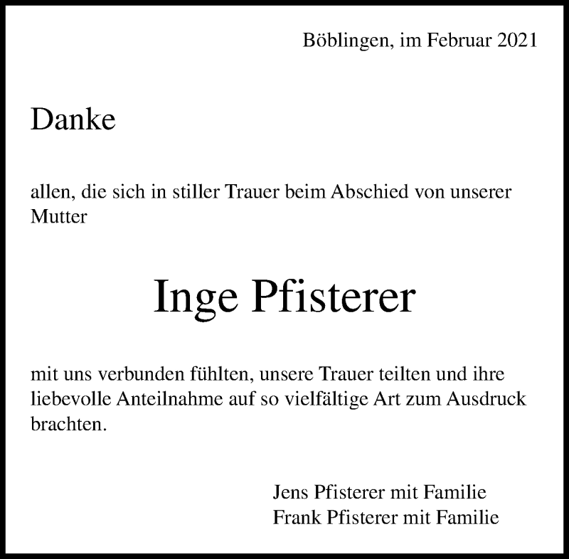  Traueranzeige für Inge Pfisterer vom 24.02.2021 aus Kreiszeitung Böblinger Bote