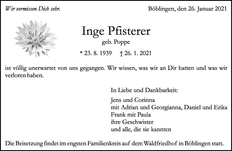  Traueranzeige für Inge Pfisterer vom 02.02.2021 aus Kreiszeitung Böblinger Bote