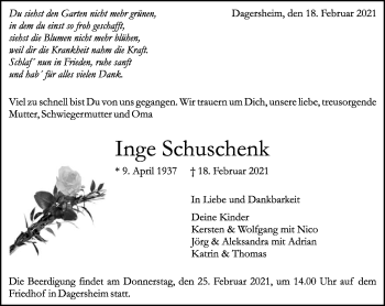 Traueranzeige von Inge Schuschenk von Kreiszeitung Böblinger Bote