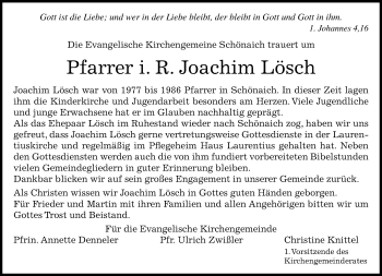Traueranzeige von Joachim Lösch von Kreiszeitung Böblinger Bote