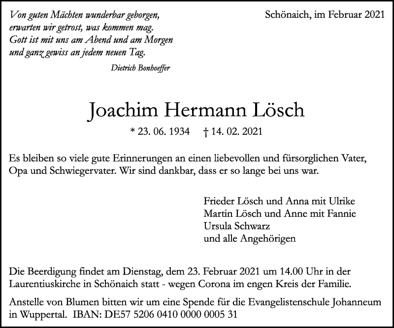  Traueranzeige für Joachim Hermann Lösch vom 18.02.2021 aus Kreiszeitung Böblinger Bote