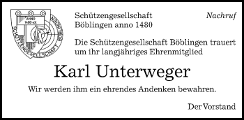 Traueranzeige von Karl Unterweger von Kreiszeitung Böblinger Bote