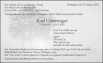 Traueranzeige von Karl Unterweger von Kreiszeitung Böblinger Bote