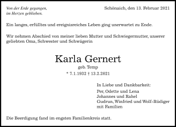 Traueranzeige von Karla Gernert von Kreiszeitung Böblinger Bote