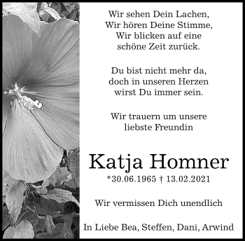 Traueranzeige von Katja Homner von Kreiszeitung Böblinger Bote