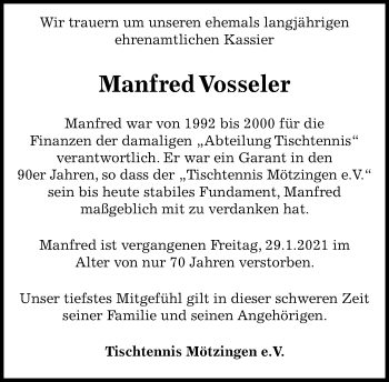Traueranzeige von Manfred Vosseler von Kreiszeitung Böblinger Bote