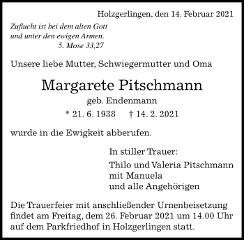 Traueranzeige von Margarete Pitschmann von Kreiszeitung Böblinger Bote