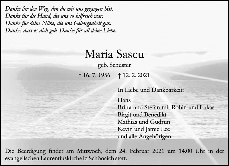  Traueranzeige für Maria Sascu vom 18.02.2021 aus Kreiszeitung Böblinger Bote
