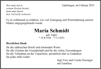 Traueranzeige von Maria Schmidt von Kreiszeitung Böblinger Bote