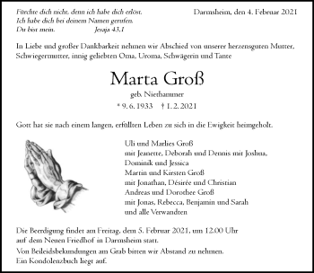 Traueranzeige von Marta Groß von Kreiszeitung Böblinger Bote