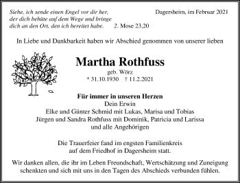 Traueranzeige von Martha Rothfuss von Kreiszeitung Böblinger Bote