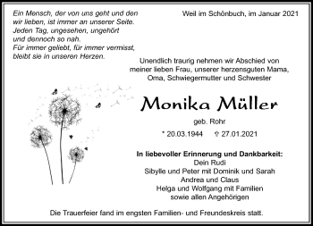 Traueranzeige von Monika Müller von Kreiszeitung Böblinger Bote