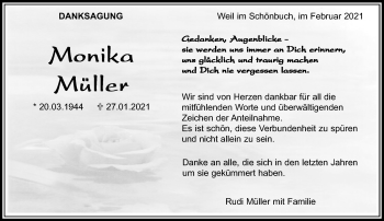 Traueranzeige von Monika Müller von Kreiszeitung Böblinger Bote