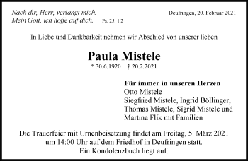 Traueranzeige von Paula Mistele von Kreiszeitung Böblinger Bote