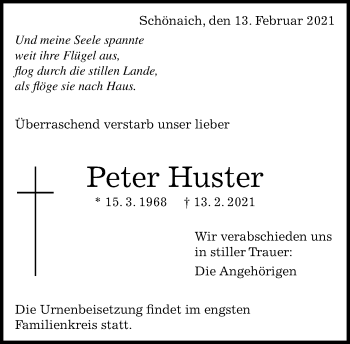 Traueranzeige von Peter Huster von Kreiszeitung Böblinger Bote