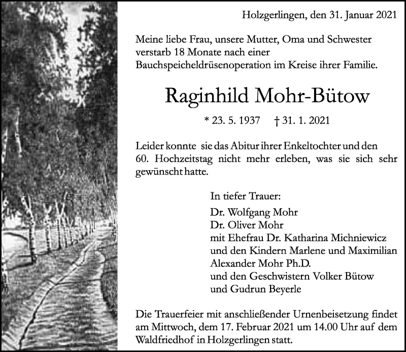  Traueranzeige für Raginhild Mohr-Bütow vom 05.02.2021 aus Kreiszeitung Böblinger Bote
