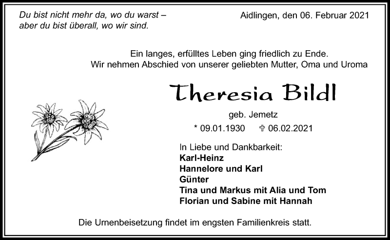  Traueranzeige für Theresia Bildl vom 11.02.2021 aus Kreiszeitung Böblinger Bote