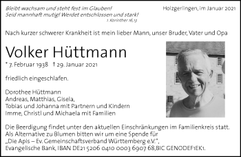 Traueranzeige von Volker Hüttmann von Kreiszeitung Böblinger Bote