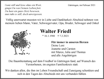Traueranzeige von Walter Friedl von Kreiszeitung Böblinger Bote