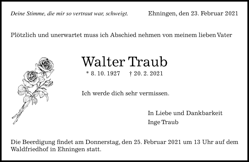  Traueranzeige für Walter Traub vom 23.02.2021 aus Kreiszeitung Böblinger Bote