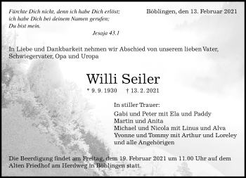 Traueranzeige von Willi Seiler von Kreiszeitung Böblinger Bote