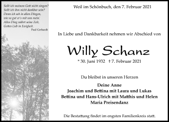 Traueranzeige von Willy Schanz von Kreiszeitung Böblinger Bote