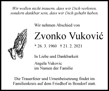 Traueranzeige von Zvonko Vukovic von Kreiszeitung Böblinger Bote