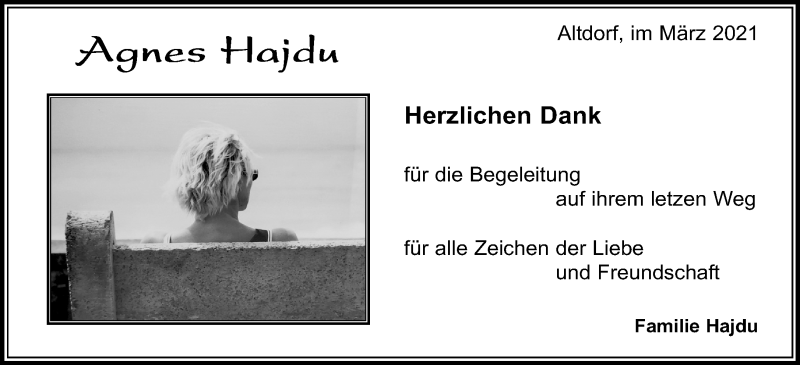  Traueranzeige für Agnes Hajdu vom 27.03.2021 aus Kreiszeitung Böblinger Bote