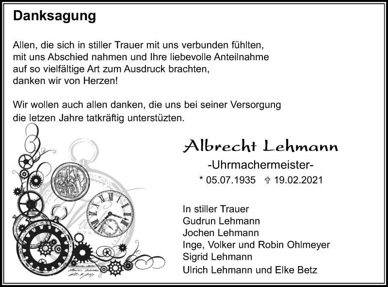  Traueranzeige für Albrecht Lehmann vom 12.03.2021 aus Kreiszeitung Böblinger Bote