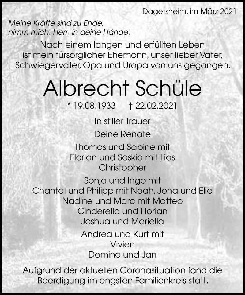  Traueranzeige für Albrecht Schüle vom 03.03.2021 aus Kreiszeitung Böblinger Bote