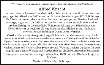 Traueranzeige von Alfred Knecht von Kreiszeitung Böblinger Bote