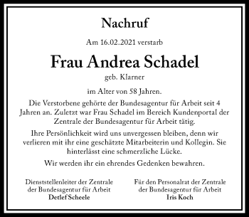 Traueranzeige von Andrea Schadel von Kreiszeitung Böblinger Bote