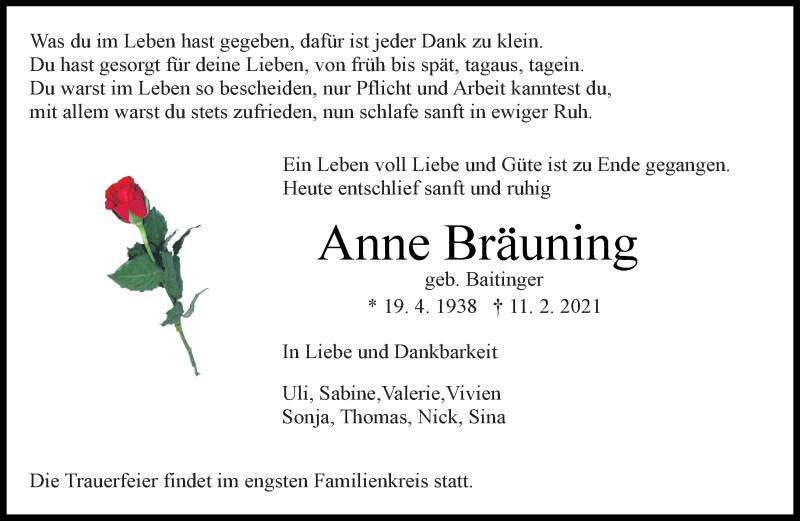  Traueranzeige für Anne Bräuning vom 05.03.2021 aus Kreiszeitung Böblinger Bote