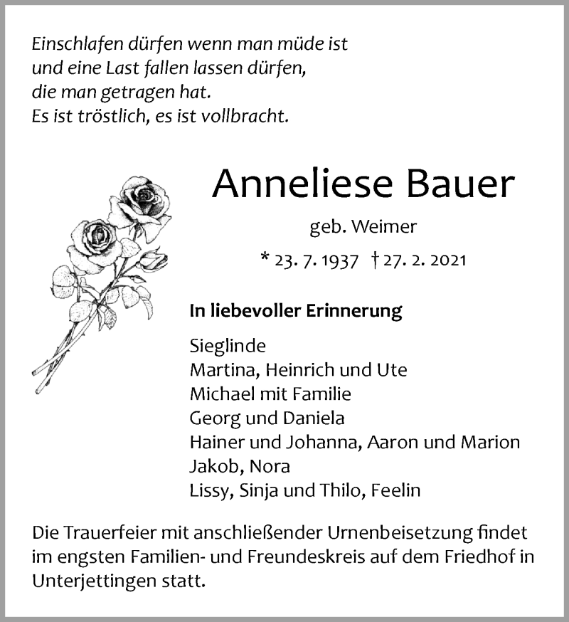  Traueranzeige für Anneliese Bauer vom 11.03.2021 aus Kreiszeitung Böblinger Bote