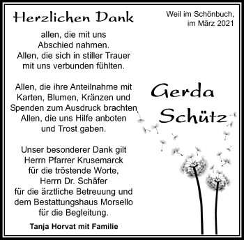 Traueranzeige von Gerda Schütz von Kreiszeitung Böblinger Bote