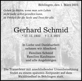 Traueranzeige von Gerhard Schmid von Kreiszeitung Böblinger Bote